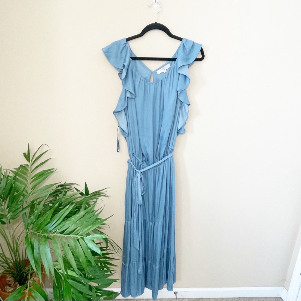 Loft Plus Blue Midi Tiered Silky Ruffle Sleeve Belted Boho Dress Sz 26